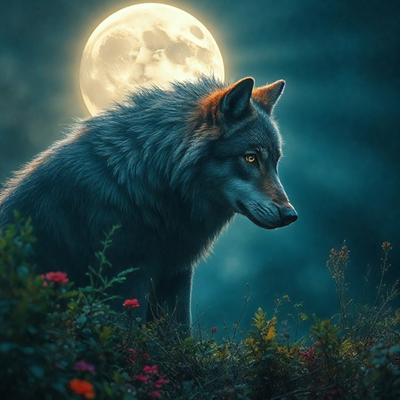 Primary subject: A wolf with a full moon in the background.

Setting/background: The wolf is standing in a forest with a full moon in the sky.

Visual style: The image is a digital art or illustration.

Colors and mood: The image has a dark and moody atmosphere, with the wolf and the full moon as the main focus.